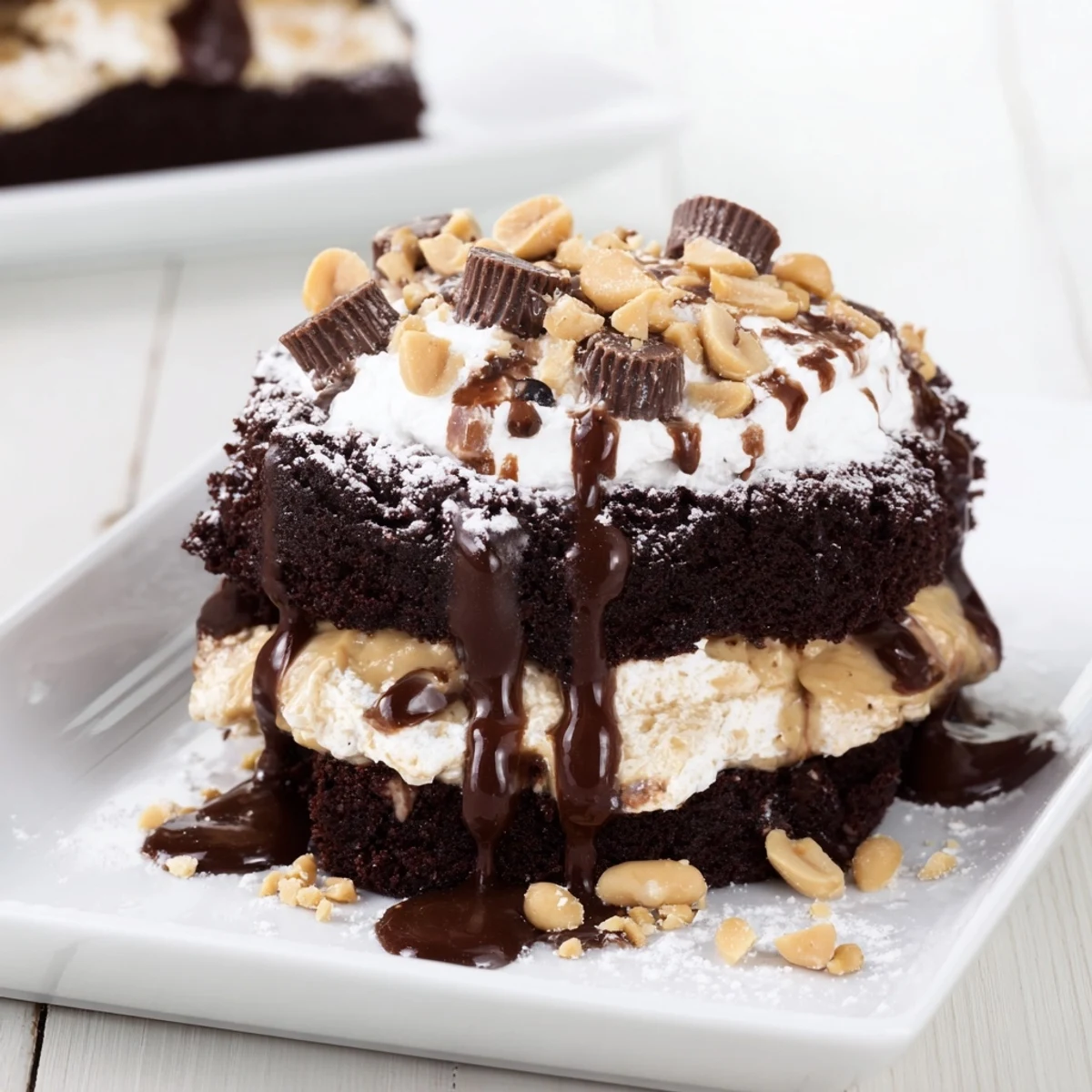 This decadent American dessert is served chilled on a rustic wooden table, perfect for any celebration or potluck.