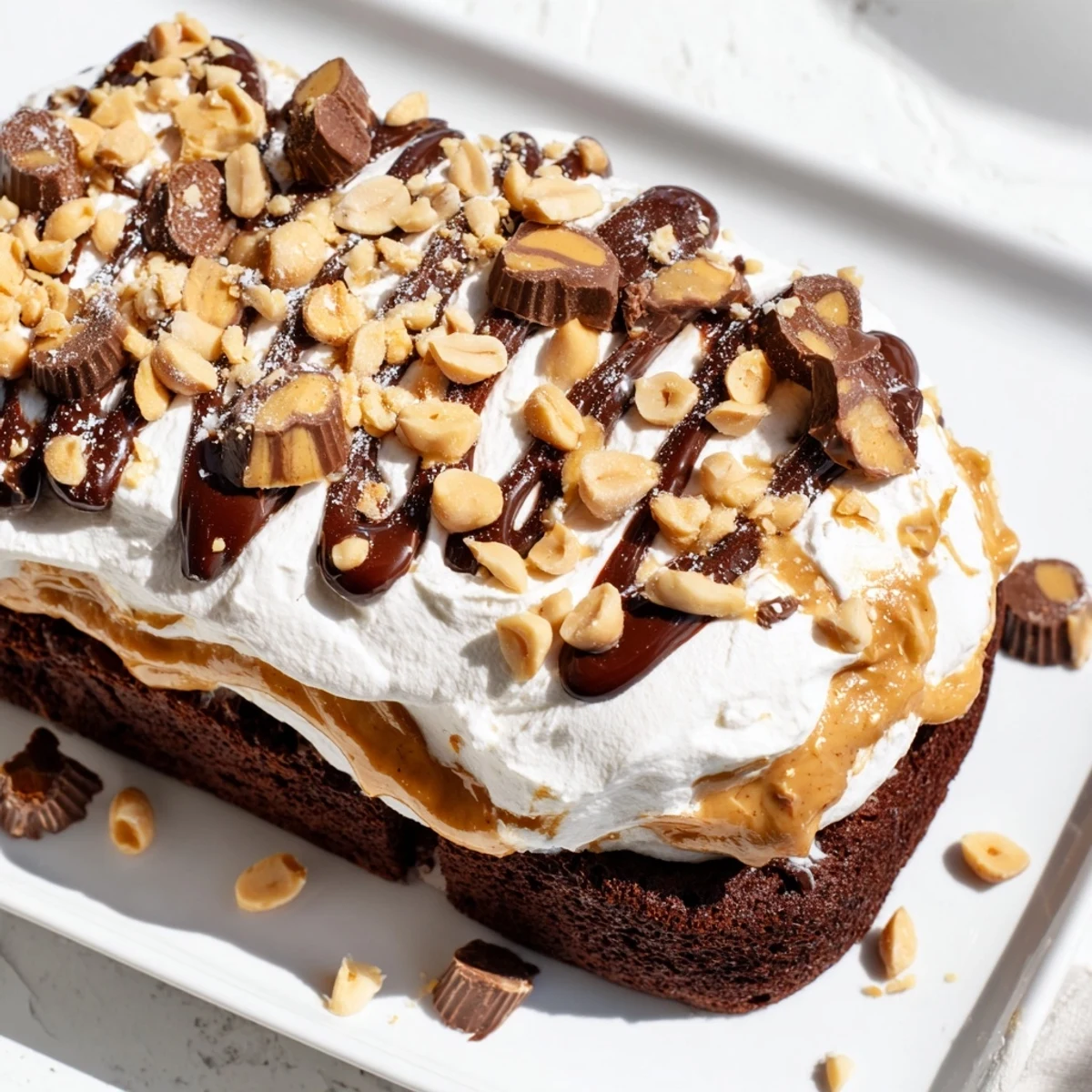 A slice of Chocolate Peanut Butter Poke Cake reveals creamy pudding filling and whipped cream topping on a white plate. 