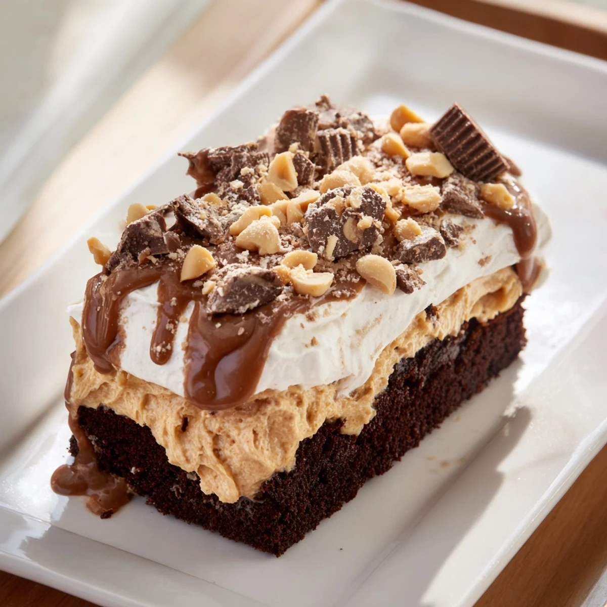 Rich chocolate-peanut butter drizzle cascades over the moist cake, garnished with chopped peanuts and mini peanut butter cups. 