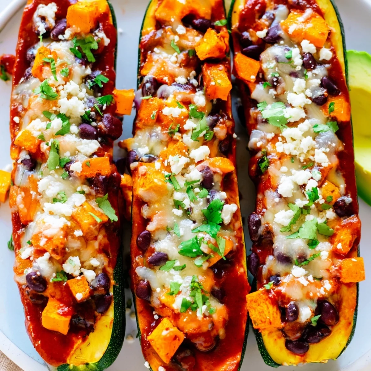 Hearty Black Bean and Butternut Squash Enchilada Boats served hot with creamy avocado slices and fresh lime wedges on the side.