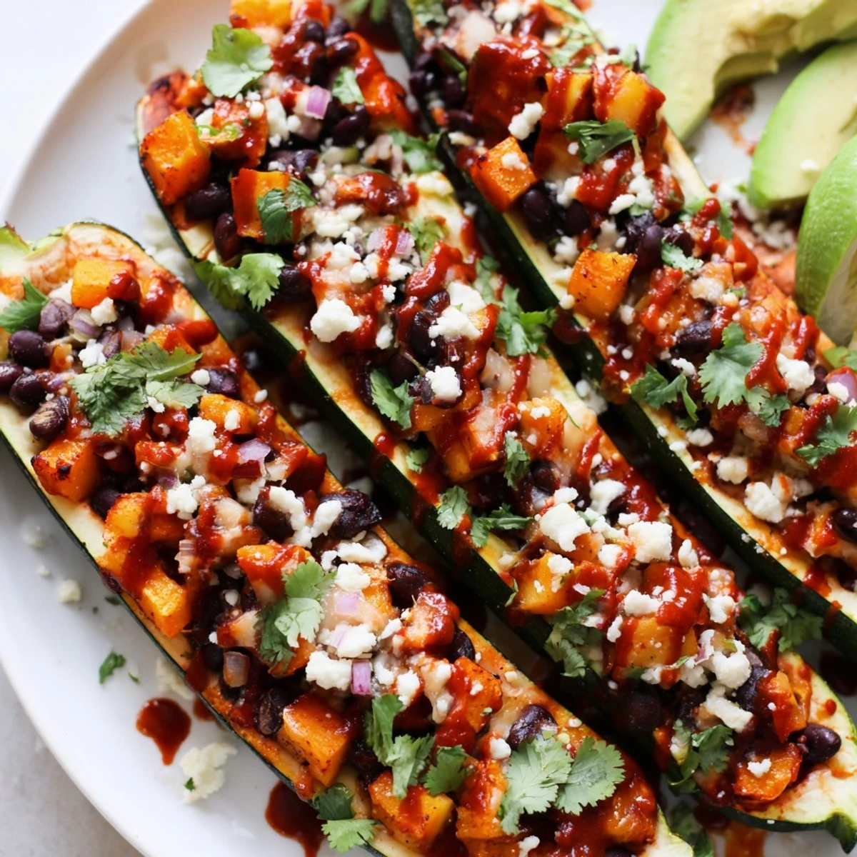 Roasted zucchini boats filled with black bean and butternut squash mixture, topped with melted Monterey Jack cheese and vibrant cilantro.