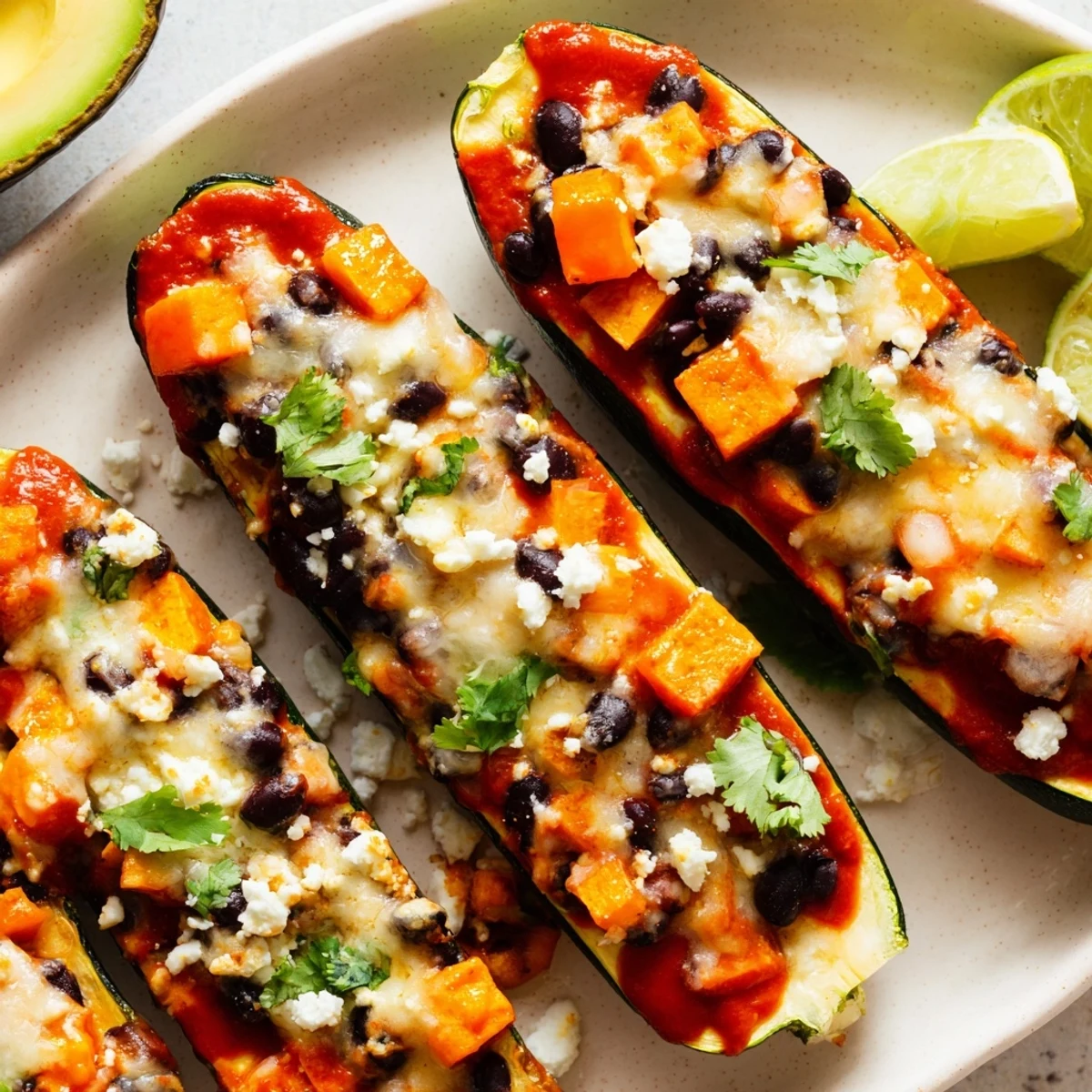 A close-up view of baked Black Bean and Butternut Squash Enchilada Boats with zesty red enchilada sauce drizzled over melted cheese.