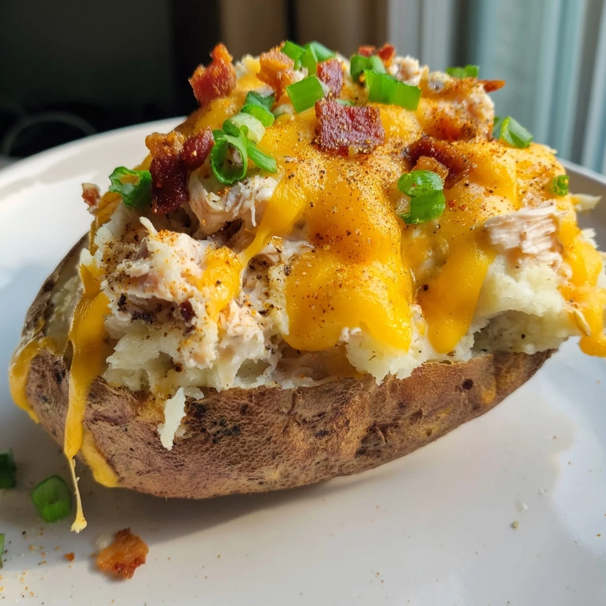 Golden-brown russet potato halves filled with creamy mashed potatoes, tender shredded chicken, melted cheddar, and fresh parsley for a hearty Mud Chicken Stuffed Twice Baked Potatoes with Savory Filling.
