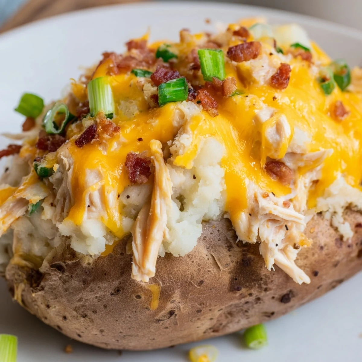 Close-up of a fork-ready Mud Chicken Stuffed Twice Baked Potatoes with Savory Filling, showcasing a rich, cheesy chicken and potato mixture with a crisp potato shell.