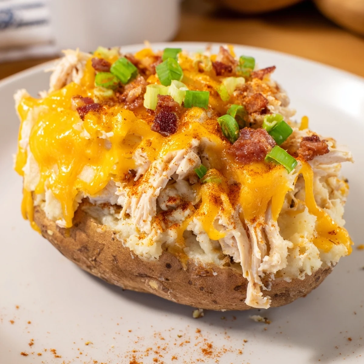 Savory filling of shredded chicken, sour cream, and smoky paprika inside crispy twice-baked potatoes, topped with melted cheddar and green onions for a comforting Mud Chicken Stuffed Twice Baked Potatoes with Savory Filling.