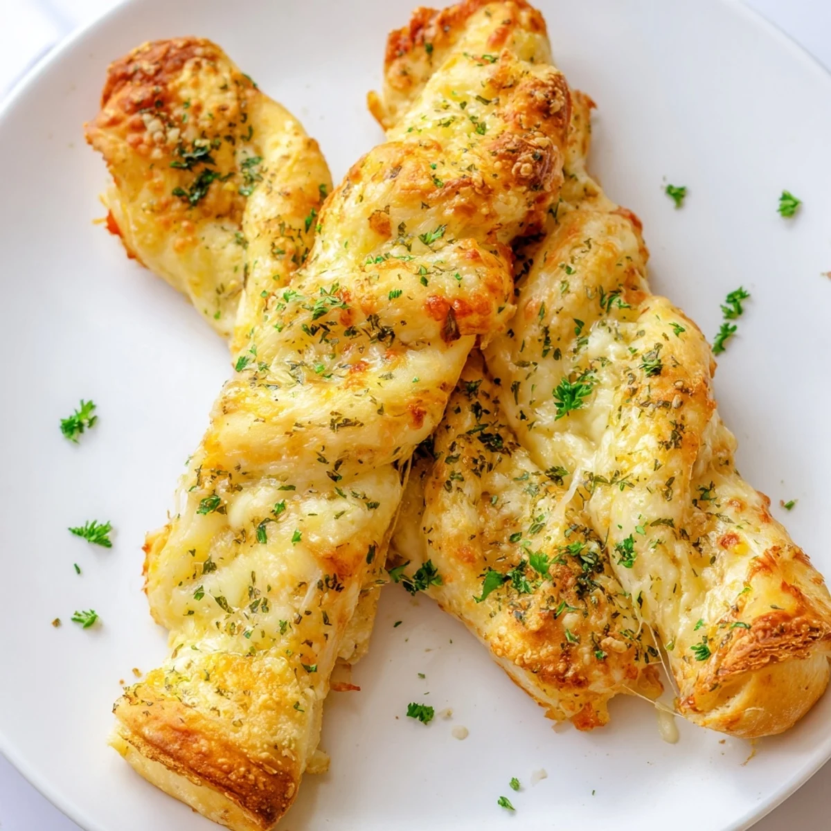 Golden-brown Crispy Air Fryer Pizza Cheese Bread Twists resting on a white plate, with a small bowl of warm marinara for dipping.