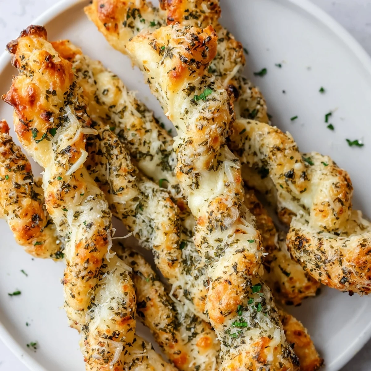 Freshly air-fried Crispy Air Fryer Pizza Cheese Bread Twists with visible melted mozzarella and herbs on a rustic wooden board.