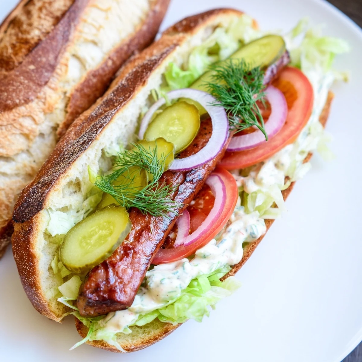 Golden-brown grilled Cajun beef sausage on a crusty baguette layered with crisp lettuce, juicy tomato, and tangy pickles for a Louisiana-inspired lunch.