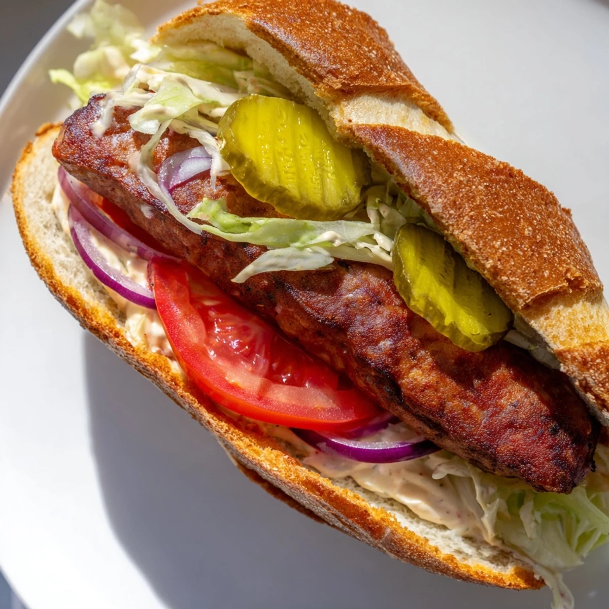 Juicy Cajun beef sausage nestled in a toasted baguette with fresh veggies and creamy remoulade, perfect for a quick and satisfying dinner.