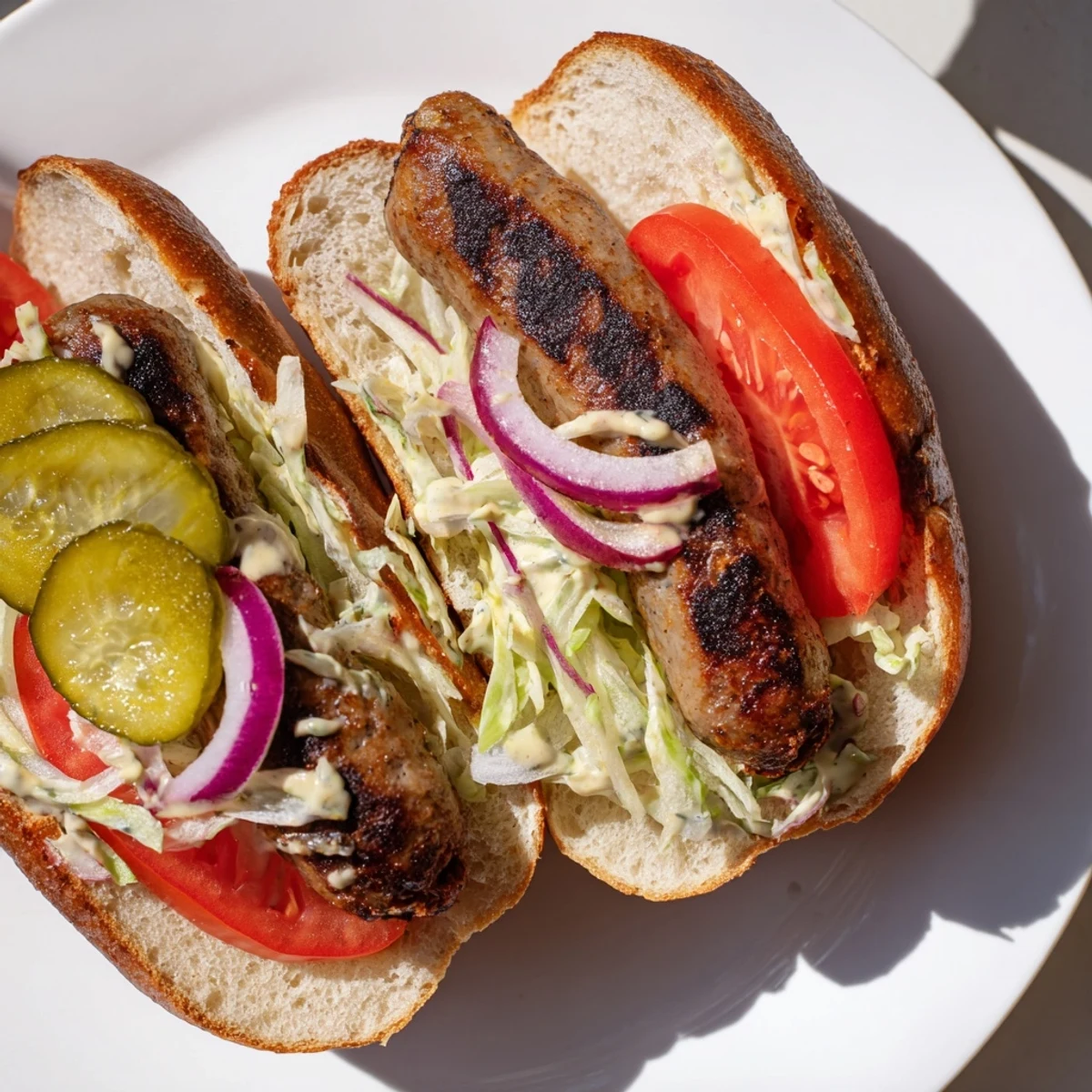 Close-up of a Grilled Cajun Beef Sausage Po Boy sandwich with vibrant red tomatoes, green lettuce, and a drizzle of tangy Creole sauce.