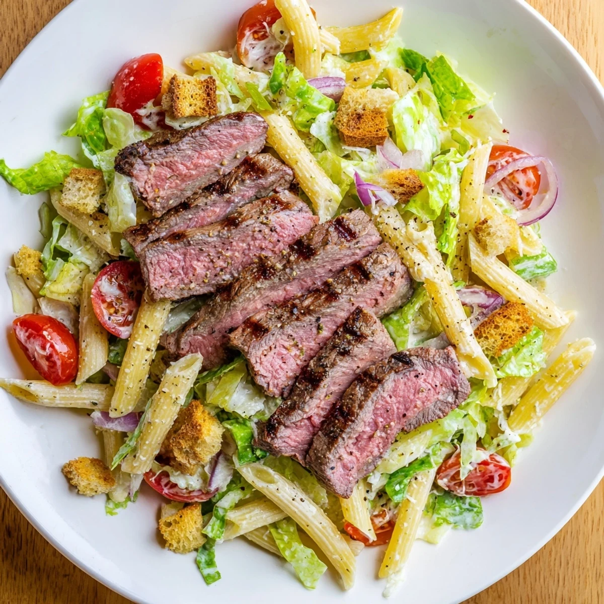 Twirled rotini pasta, crisp romaine, cherry tomatoes, and shaved Parmesan crown this hearty Flavorful Steak Caesar Pasta Salad.