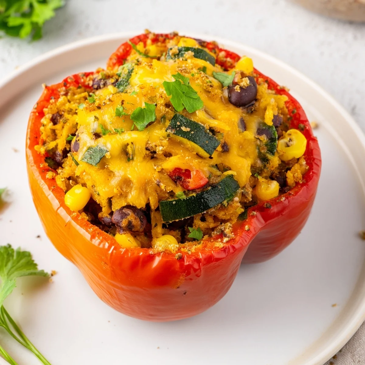 A close-up view shows a halved Cajun Potato Stuffed Bell Peppers, revealing a hearty potato and black bean filling.