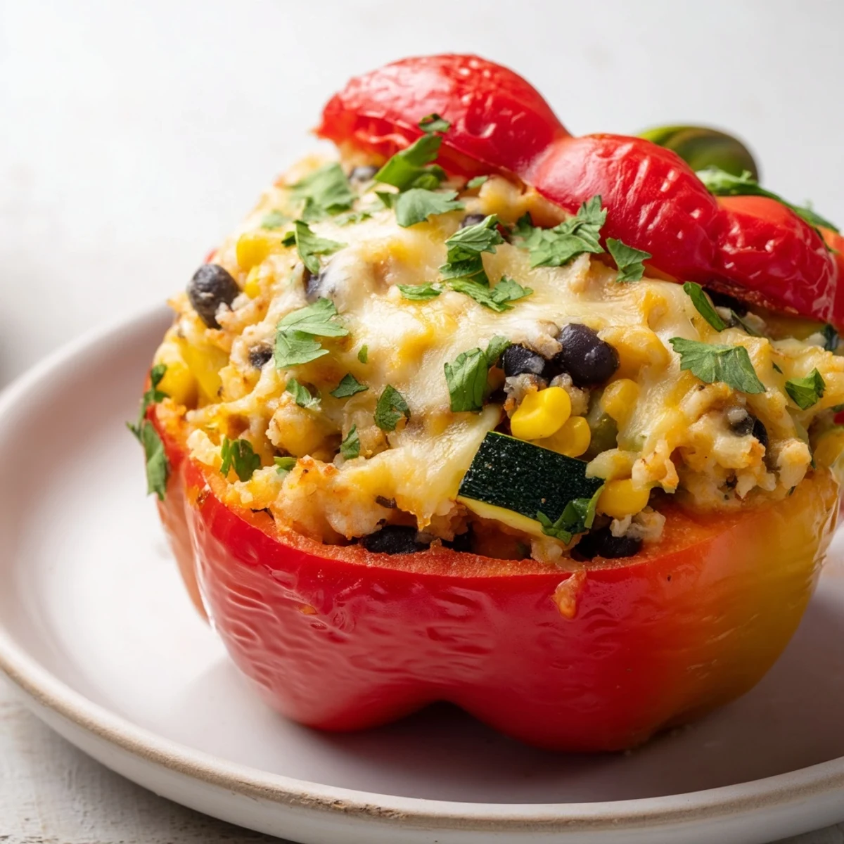 Golden-brown Cajun Potato Stuffed Bell Peppers rest in a ceramic dish, garnished with fresh parsley and melting cheddar cheese.