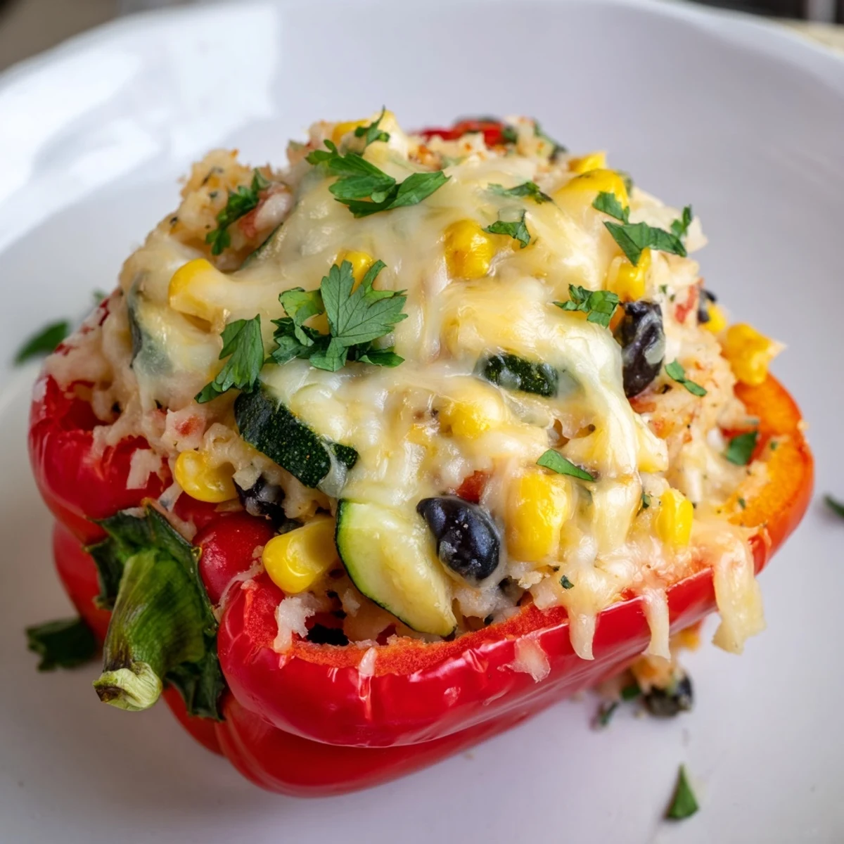 Vibrant roasted Cajun Potato Stuffed Bell Peppers are served on a wooden table, offering a spicy, comforting vegetarian main dish.
