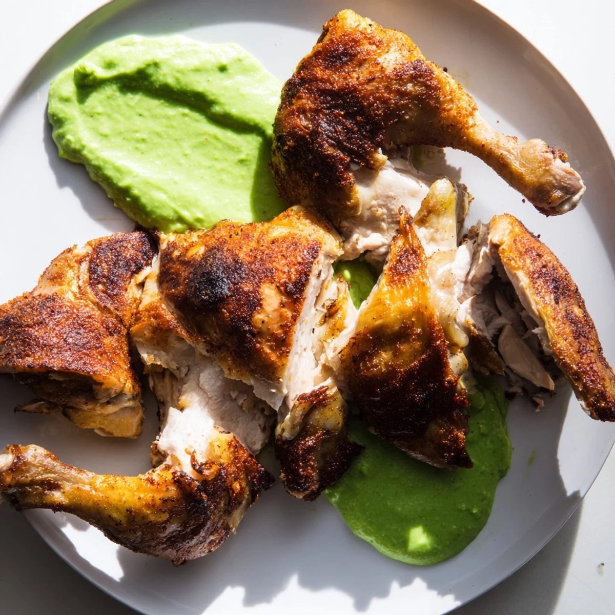 Golden-brown Peruvian roast chicken with crispy skin, resting beside a bowl of creamy, vibrant green sauce ready to serve.