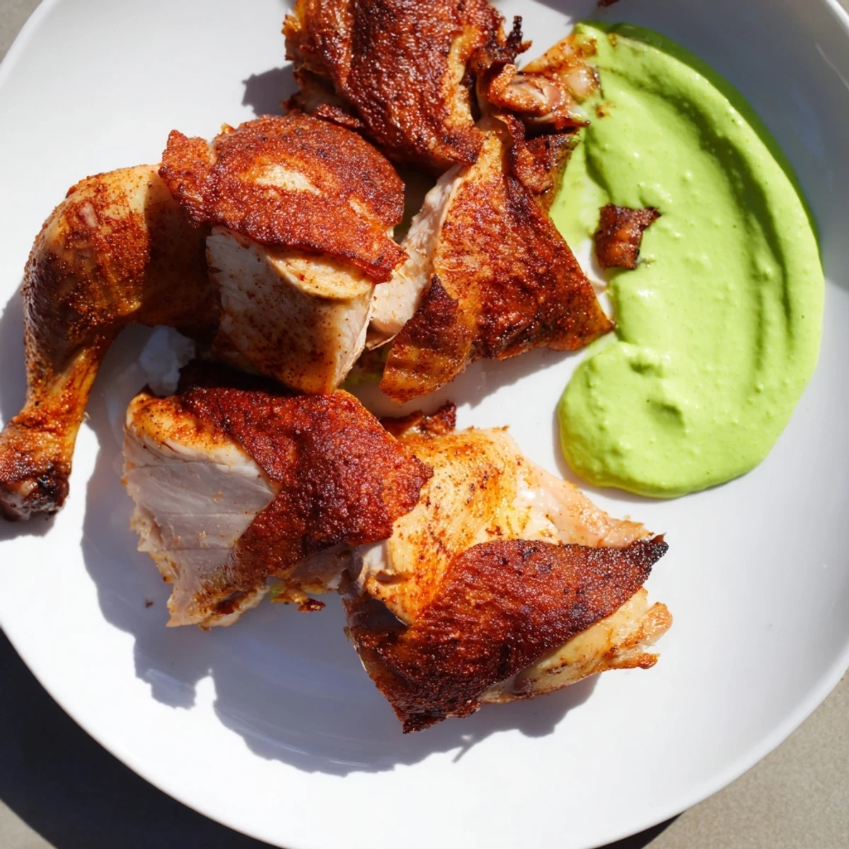 Sliced Peruvian roast chicken showcases juicy, tender meat and crispy skin, paired with a zesty homemade creamy green sauce.