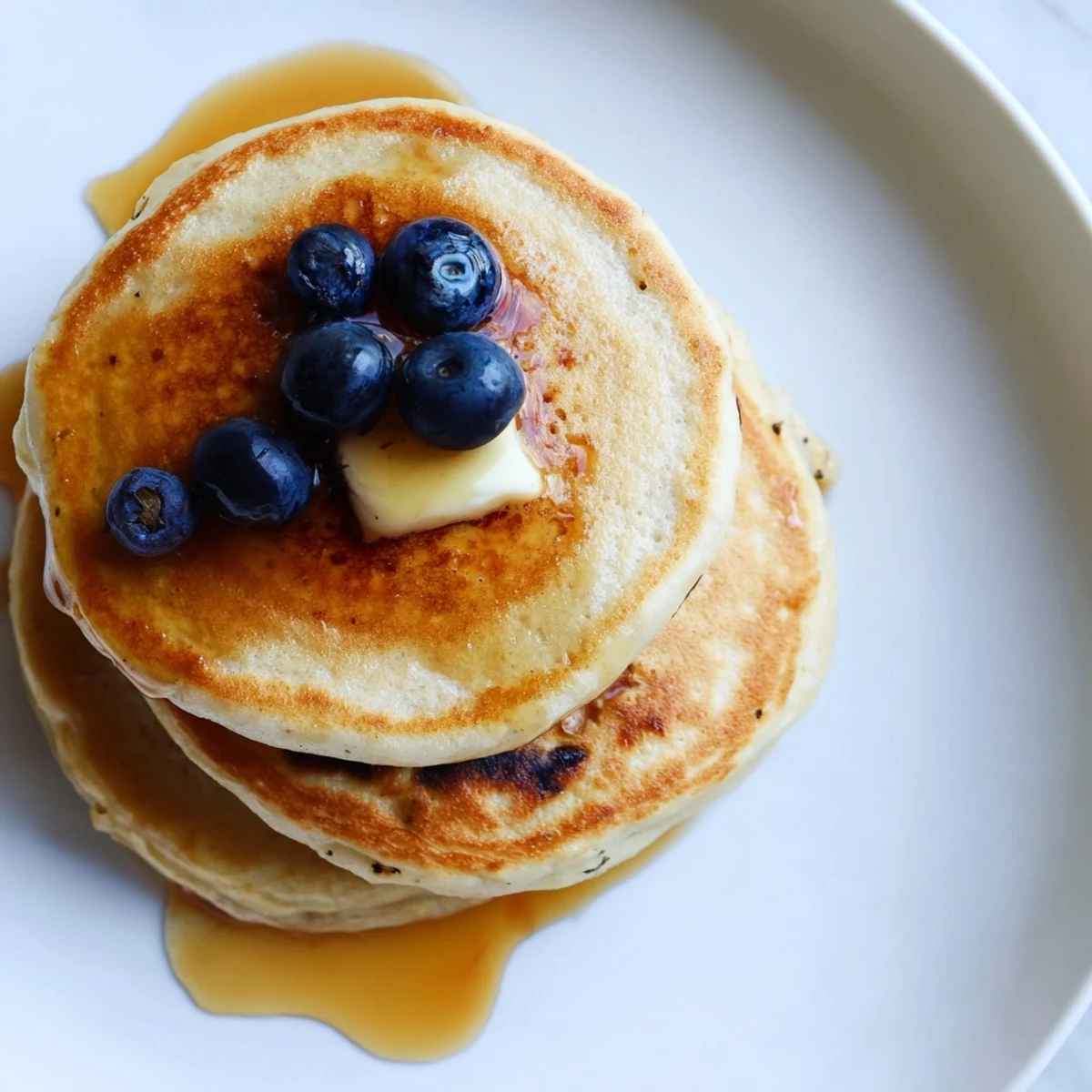 A close-up of freshly cooked Sourdough Discard Pancakes dripping with warm maple syrup, surrounded by fresh berries and a wooden spoon.  