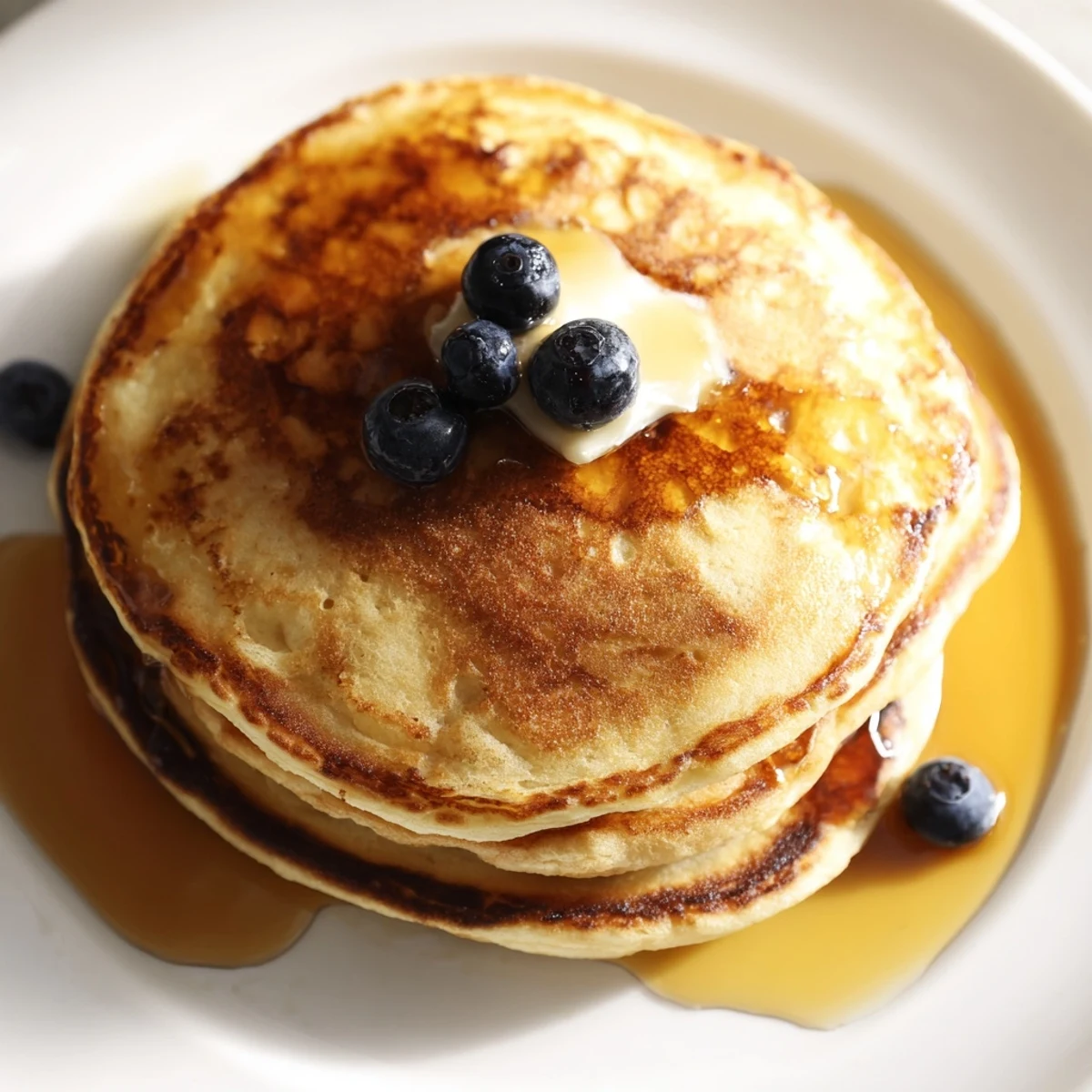 Golden-brown Sourdough Discard Pancakes stacked high with a pat of melting butter on top, showing their fluffy interior in a rustic kitchen setting.  