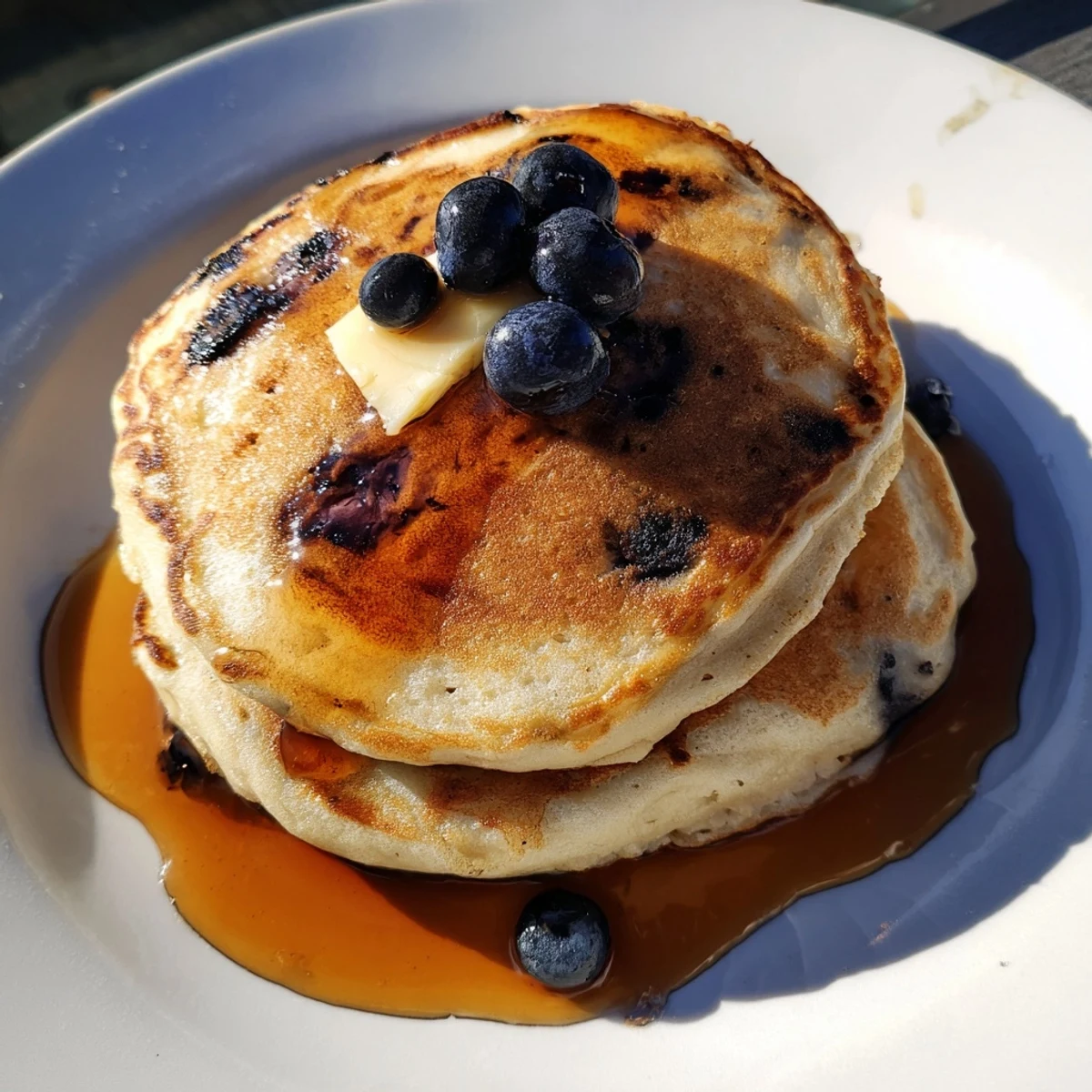 A serving plate of tender Sourdough Discard Pancakes with a side of syrup, ready for a cozy American breakfast or brunch.