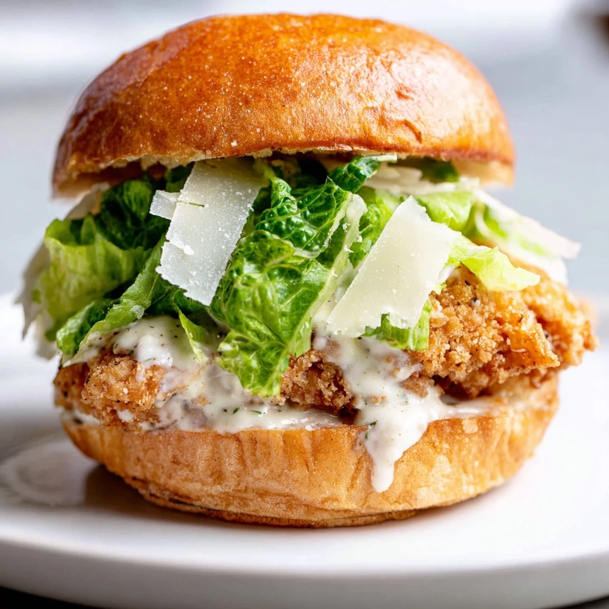 Marry Me Crispy Chicken Caesar Sandwich stacked high with juicy chicken, crisp greens, and melted Parmesan on a toasted bun.