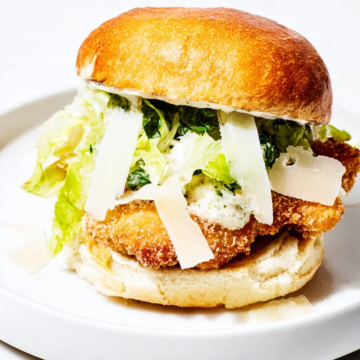 Golden crispy chicken fillet on a toasted brioche bun with fresh romaine lettuce, shaved Parmesan, and creamy Caesar dressing.