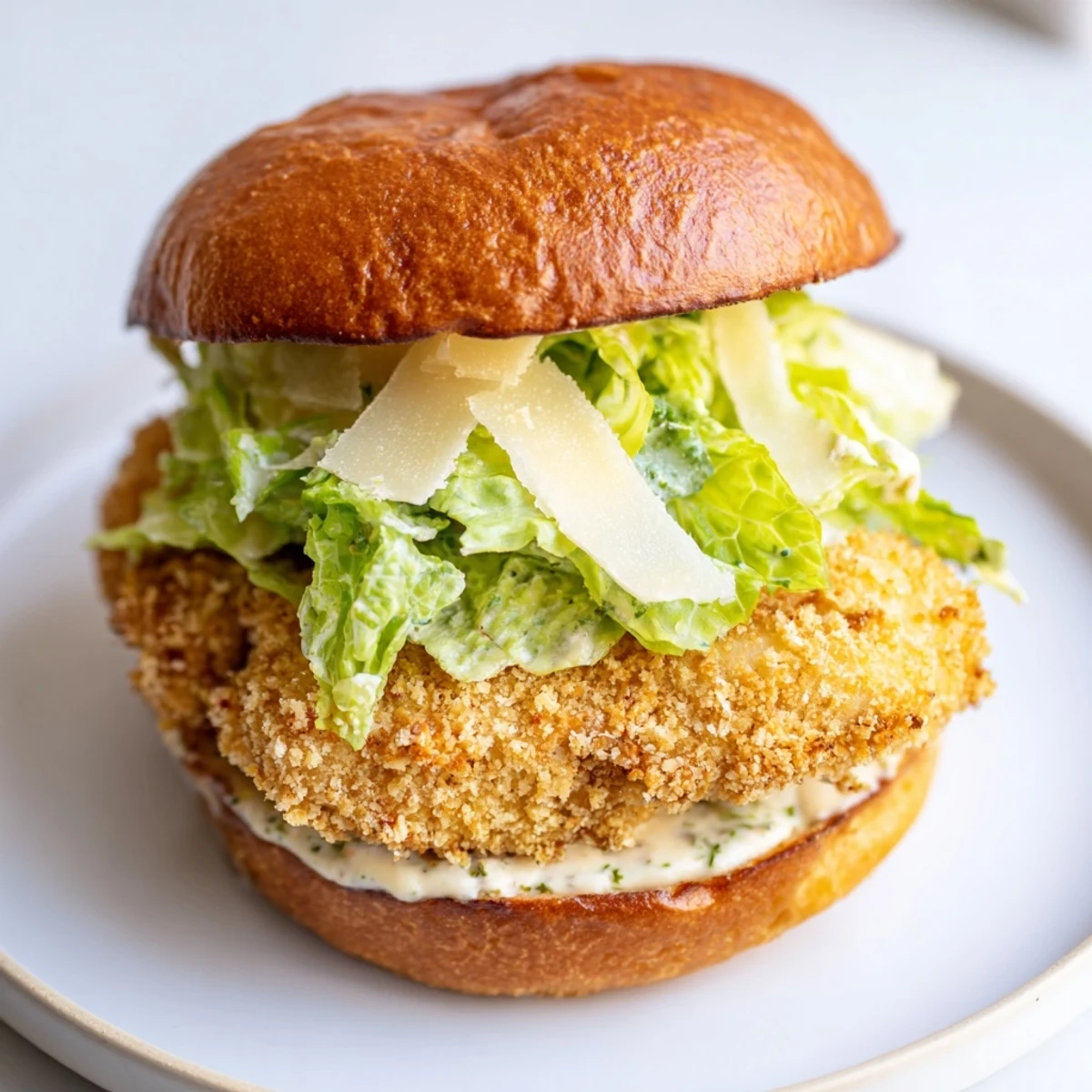 A close-up of the Marry Me Crispy Chicken Caesar Sandwich showing crunchy texture, Caesar drizzle, and fresh tomato slices.