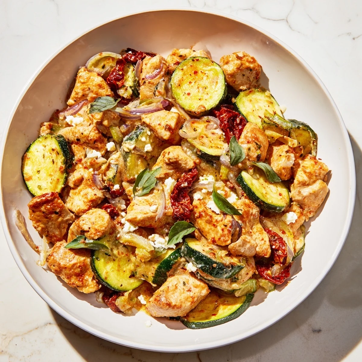 Golden-brown, bubbly Marry Me Mediterranean Chicken Zucchini Bake fresh from the oven, featuring tender chicken and melted cheese.