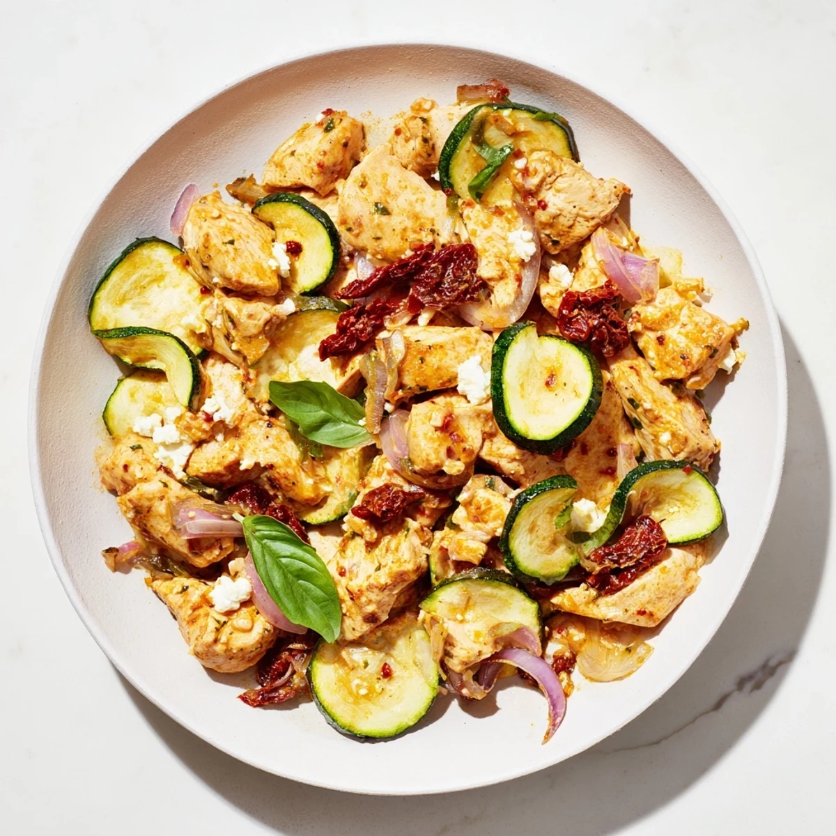 Savory Mediterranean Chicken Zucchini Bake served in a rustic dish, garnished with fresh basil and sun-dried tomatoes.