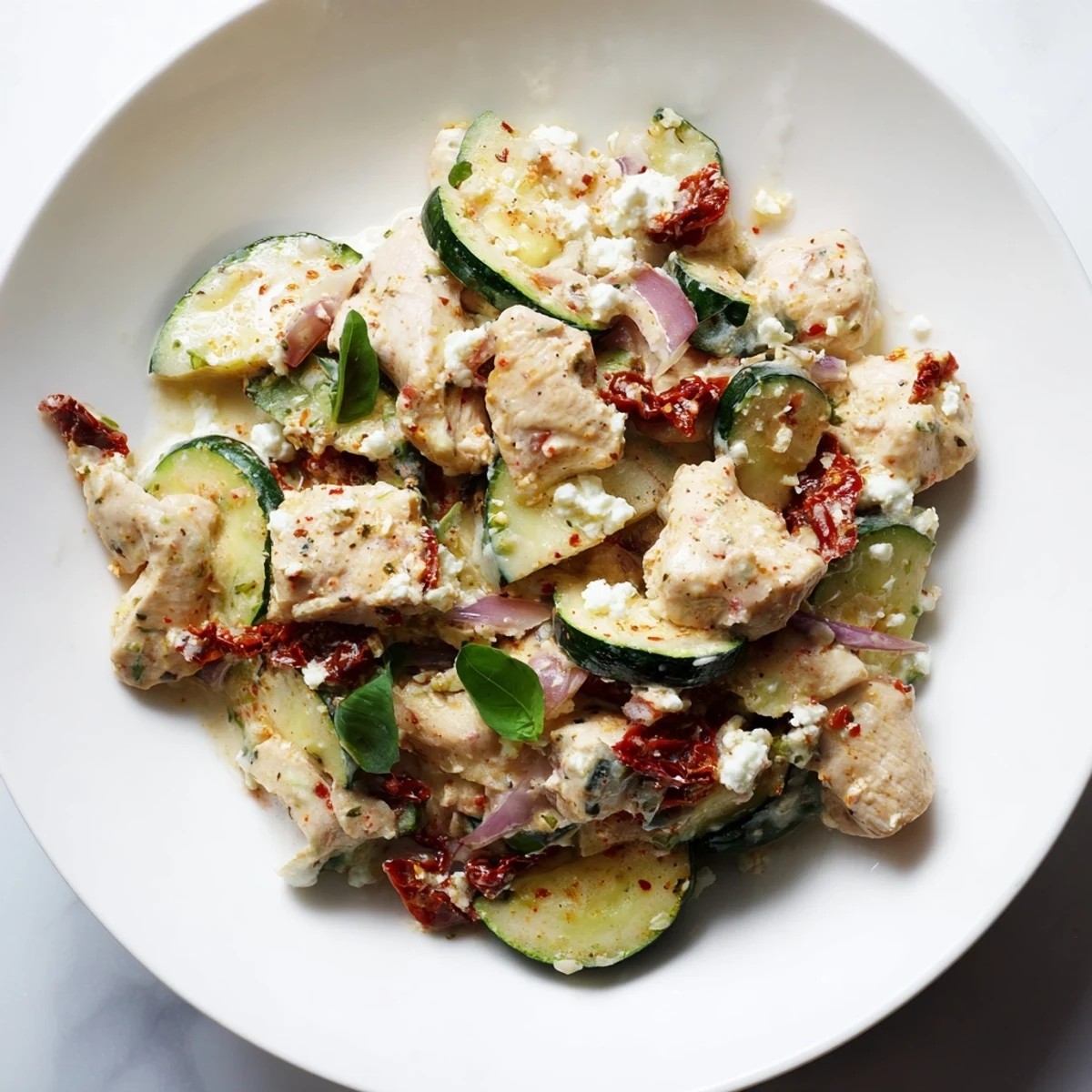 Creamy Marry Me Mediterranean Chicken Zucchini Bake plated with zucchini and chicken, ready for a low-carb dinner.