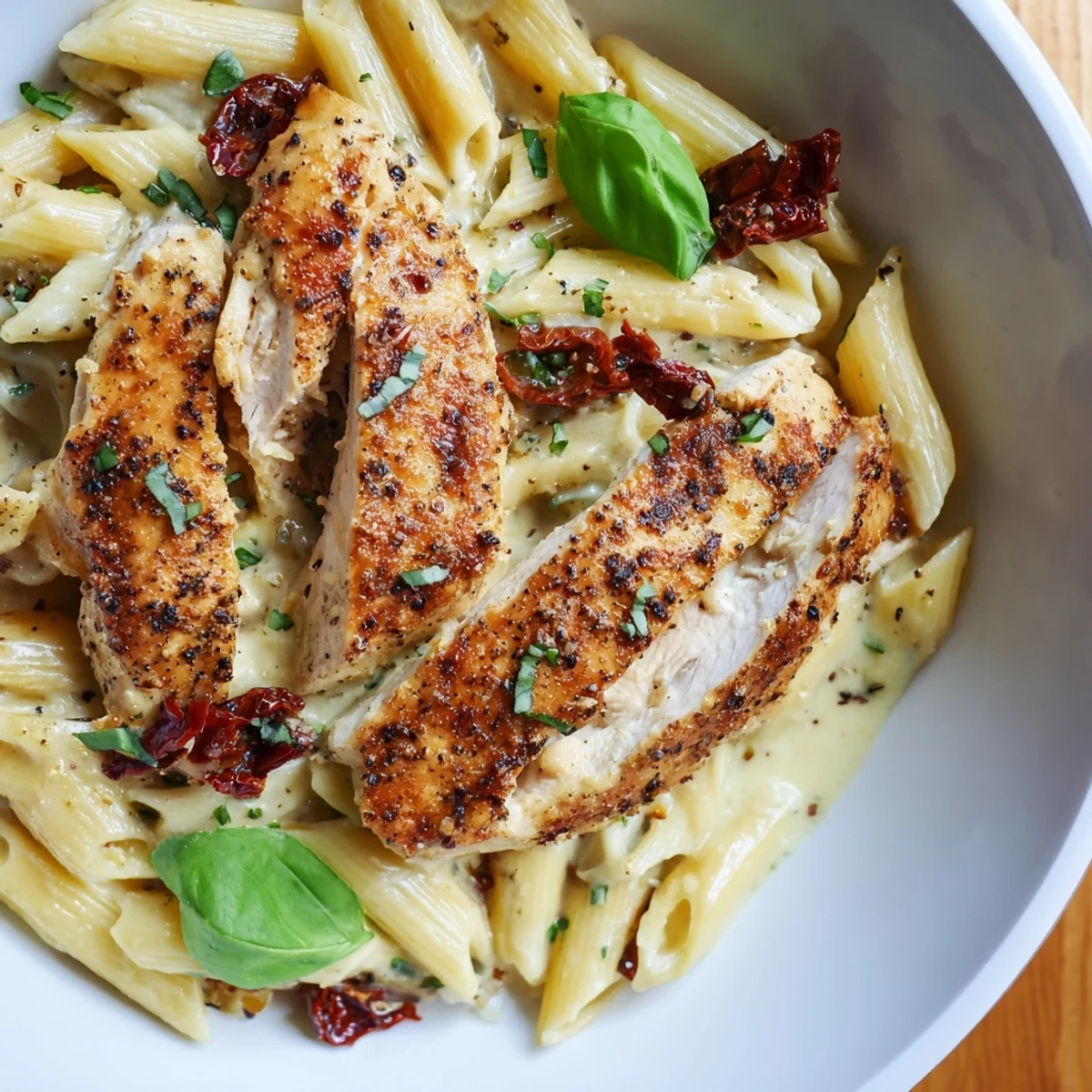 Creamy Marry Me Garlic Parmesan Chicken Pasta with tender sliced chicken in a rich sauce.