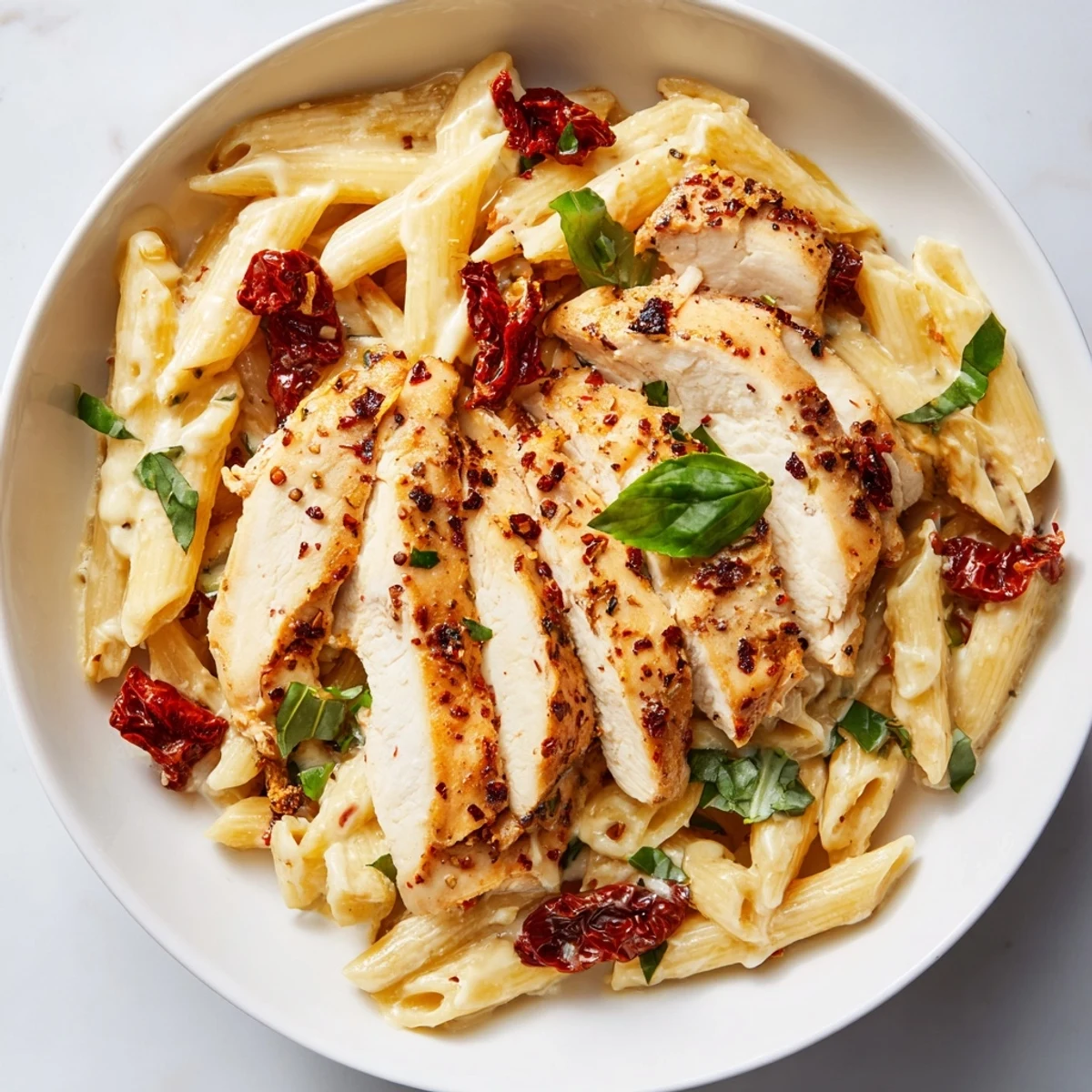 Sliced chicken and penne pasta in Marry Me Garlic Parmesan Chicken Pasta, garnished with fresh basil.