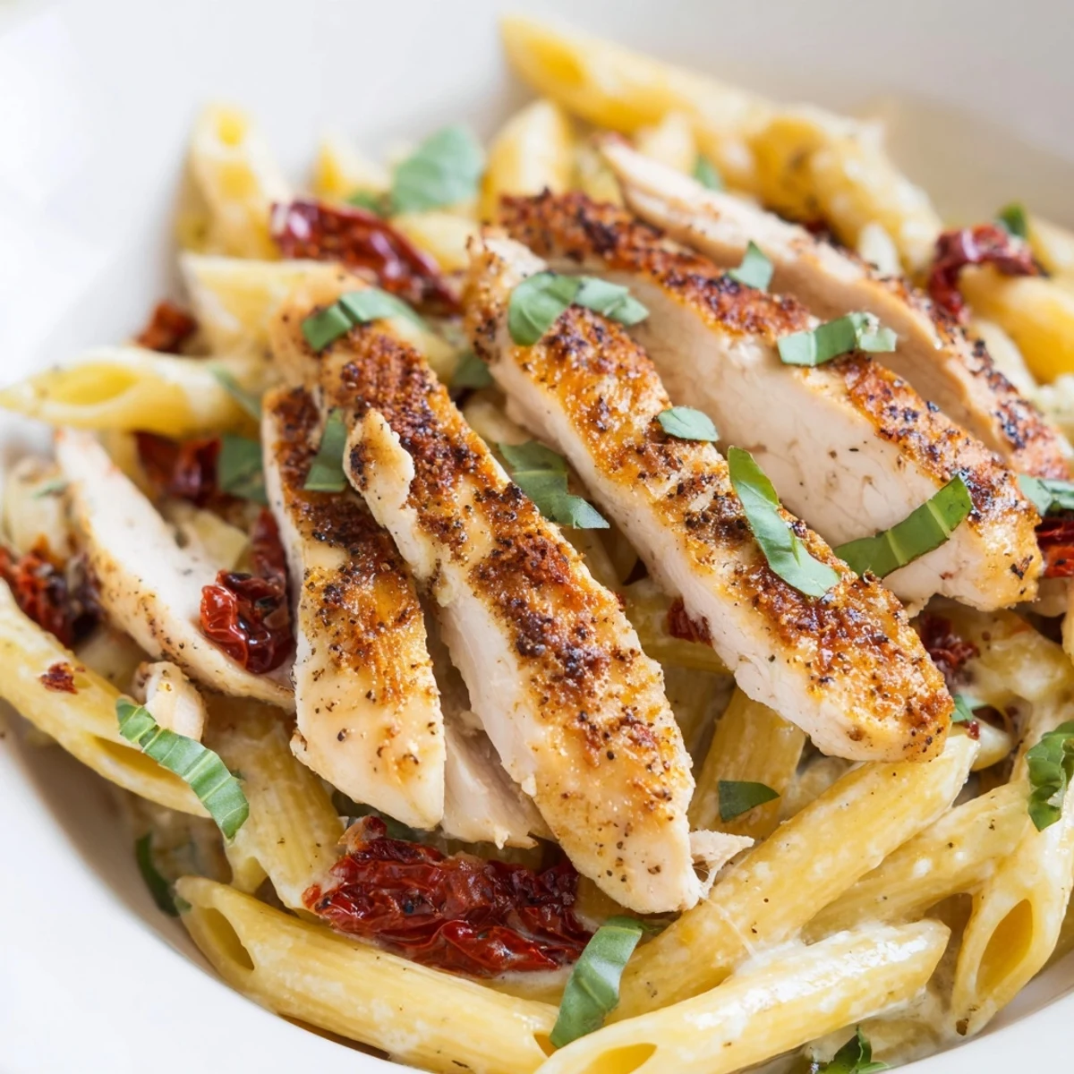 Close-up of Marry Me Garlic Parmesan Chicken Pasta with melted Parmesan, sun-dried tomatoes, and steam rising.