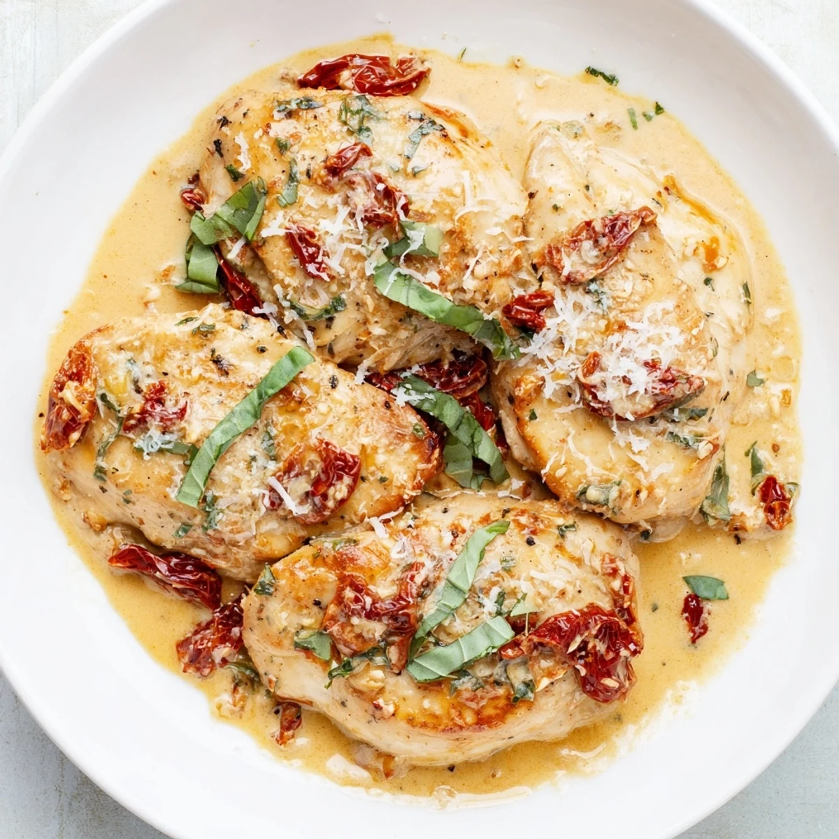 Golden-brown chicken breasts nestled in a creamy sun-dried tomato sauce, garnished with fresh basil for a Marry Me One Pan Chicken in Sun-Dried Tomato Cream Sauce.