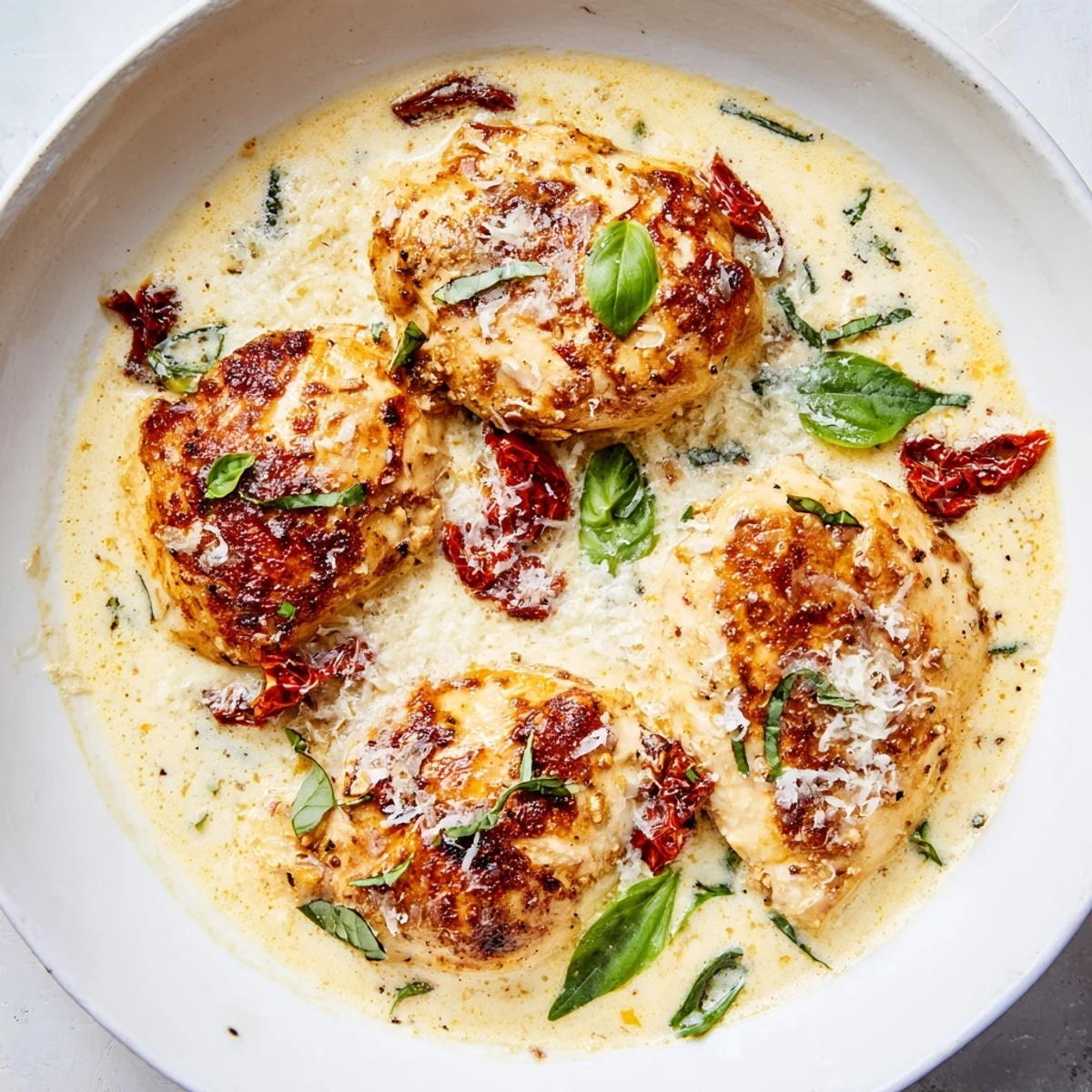 Close-up view of the Marry Me One Pan Chicken in Sun-Dried Tomato Cream Sauce, showing its rich texture and vibrant red tomatoes beside garlic bread.