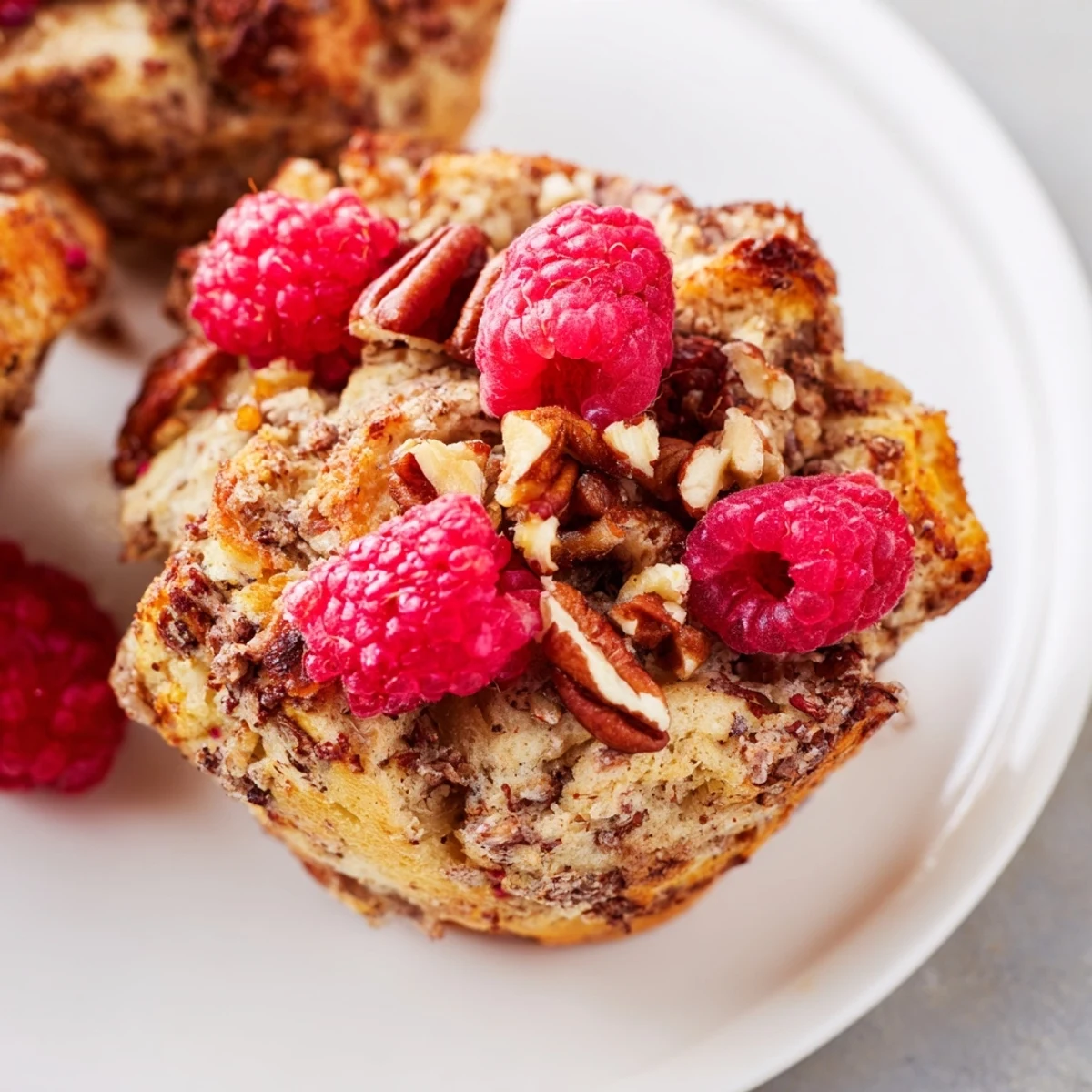 Protein French Toast Muffins, topped with fresh berries and a maple syrup drizzle, are served on a rustic plate.