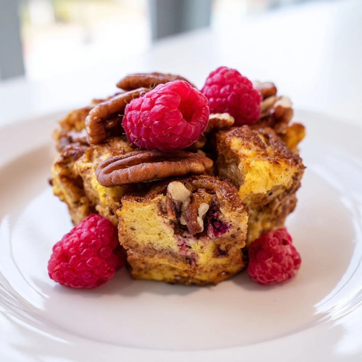 A close-up of Protein French Toast Muffins reveals moist crumb and toasted pecans on a marble counter for breakfast.