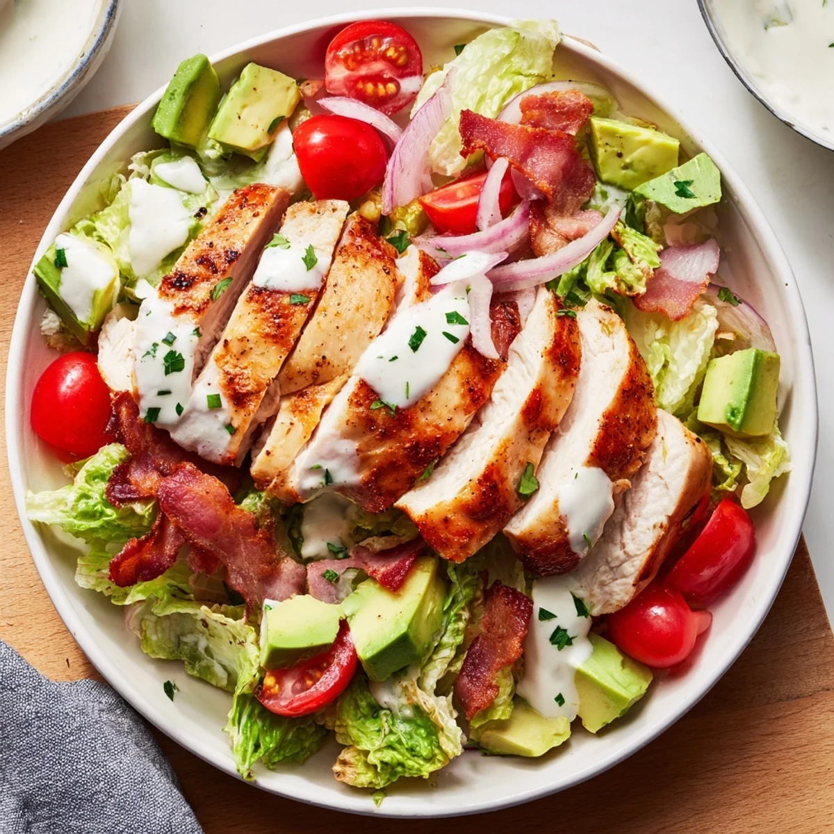 Hearty BLT Chicken Salad served on romaine lettuce with diced avocado and thinly sliced red onion for extra crunch.