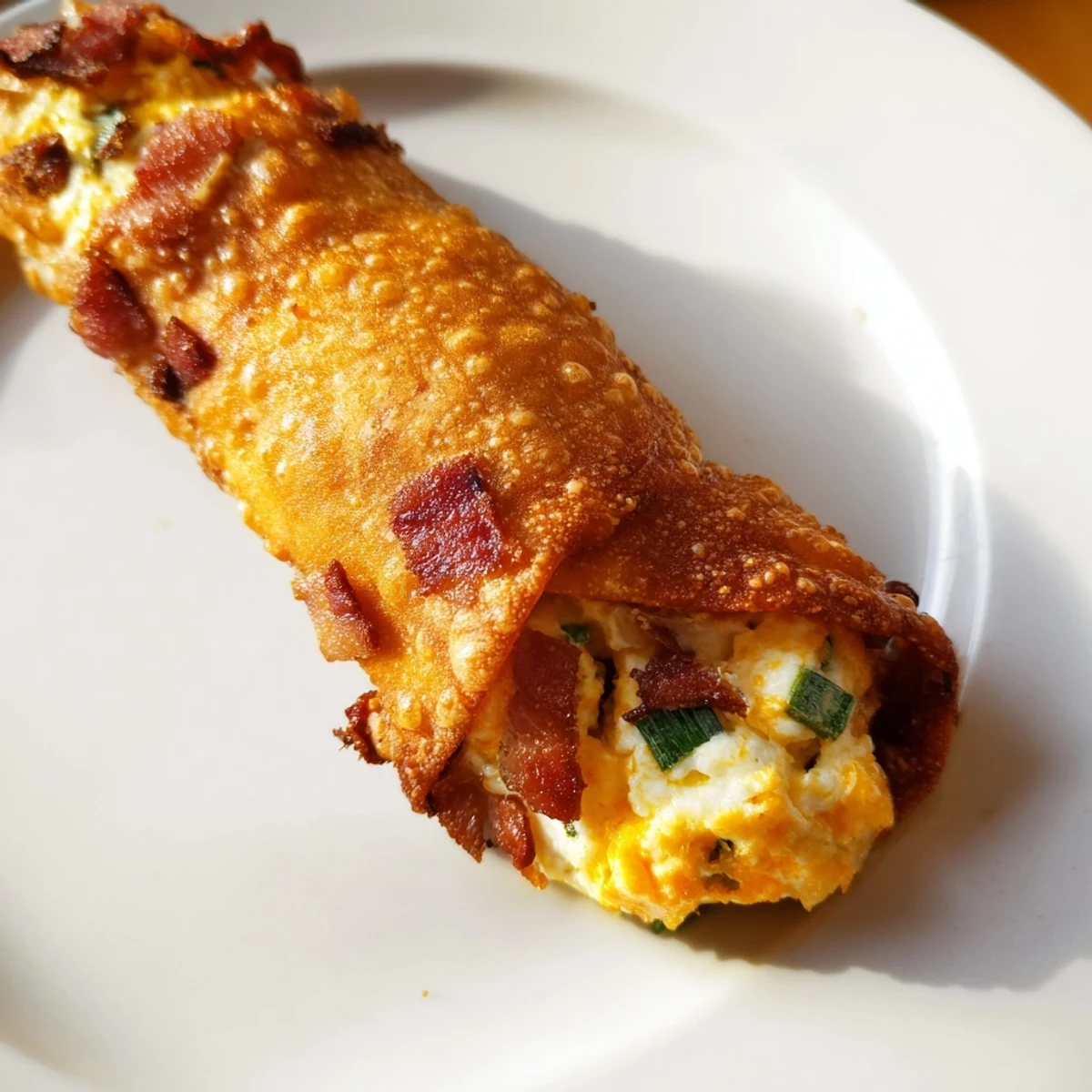 Golden brown Bacon Jalapeno Popper Eggrolls on a plate with creamy dipping sauce, showcasing crispy texture and cheesy filling.
