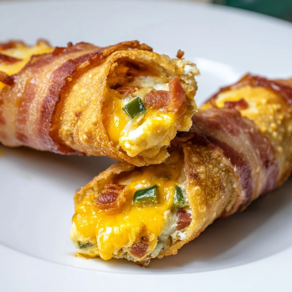 A close-up of Bacon Jalapeno Popper Eggrolls, highlighting smoky bacon bits and diced jalapeños peeking from a crunchy exterior.
