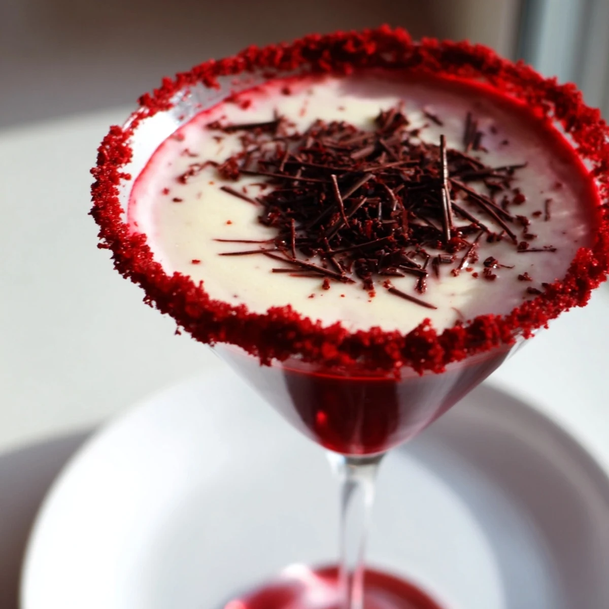 Decadent Red Velvet Martini served in a martini glass garnished with rich chocolate shavings.  