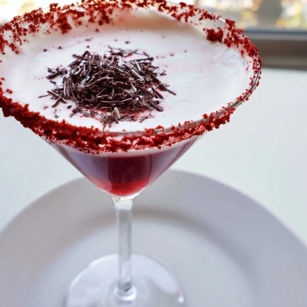A chilled glass of Decadent Red Velvet Martini with a cream cheese frosting rim and chocolate shavings.  