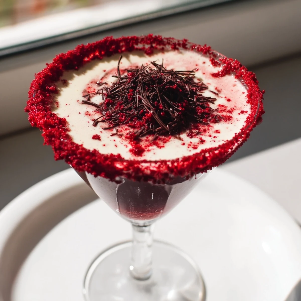 The Decadent Red Velvet Martini glows with red hue and creamy texture in a frosty glass.
