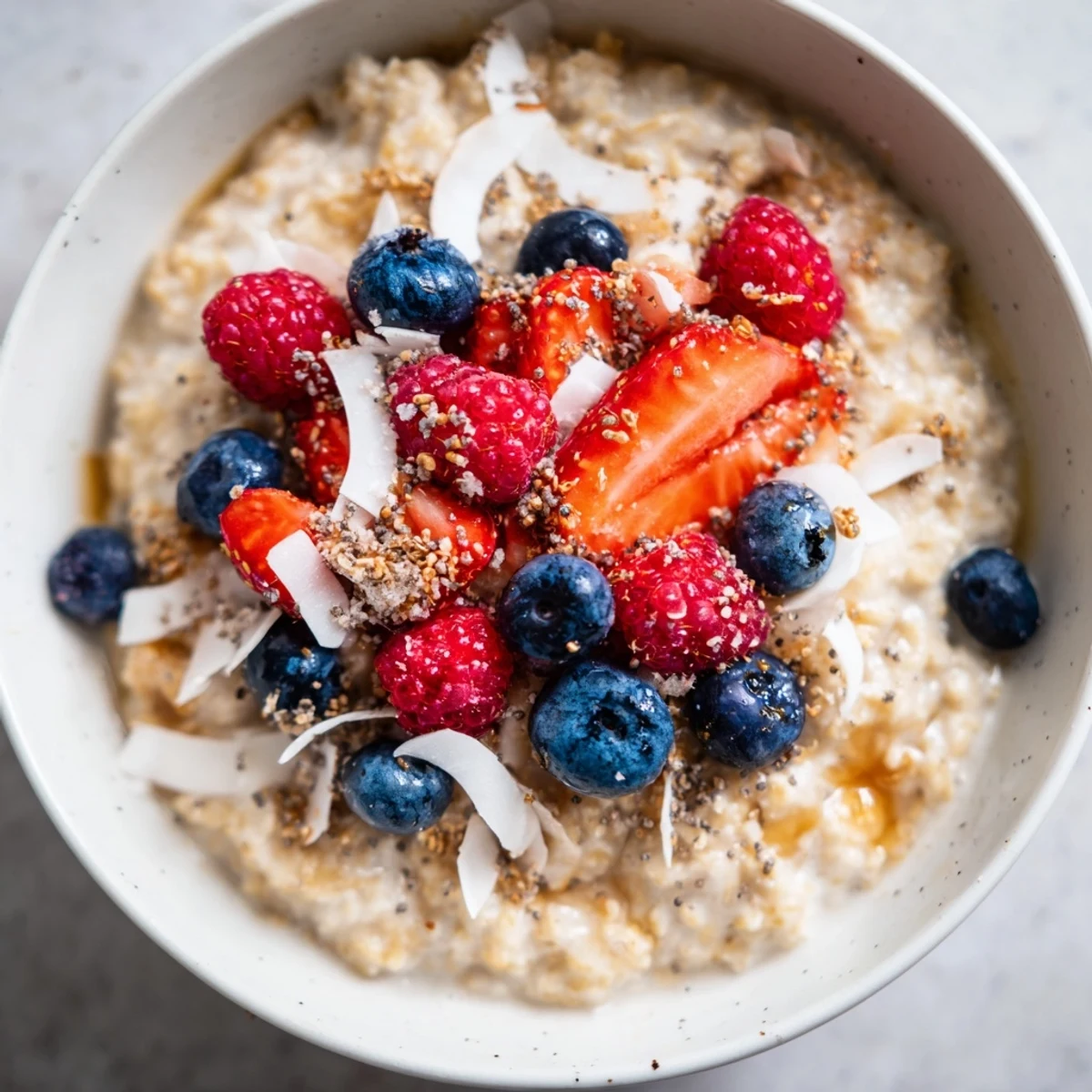 Steamy bowl of Tasty Coconut Cream Oats with vibrant mixed berries and toasted coconut flakes.