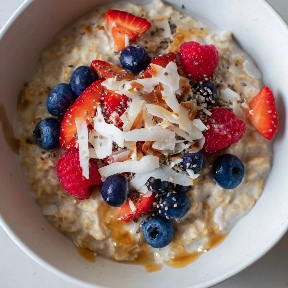 Warm, comforting bowl of Tasty Coconut Cream Oats topped with fresh blueberries and shredded coconut.
