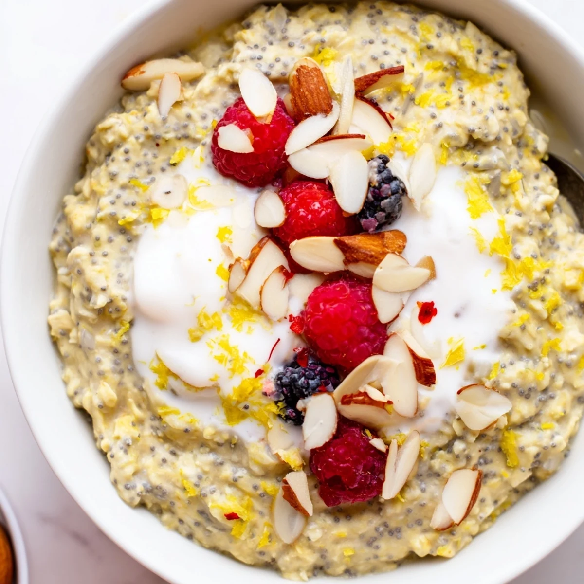 A close-up of Vegan Lemon Poppy Seed Overnight Oats in a glass jar, showing creamy oats swirled with bright lemon zest and crunchy poppy seeds.