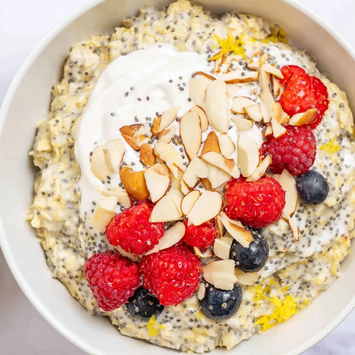 Vegan Lemon Poppy Seed Overnight Oats topped with fresh blueberries and sliced almonds in a bowl, ready for a refreshing, chilled breakfast.