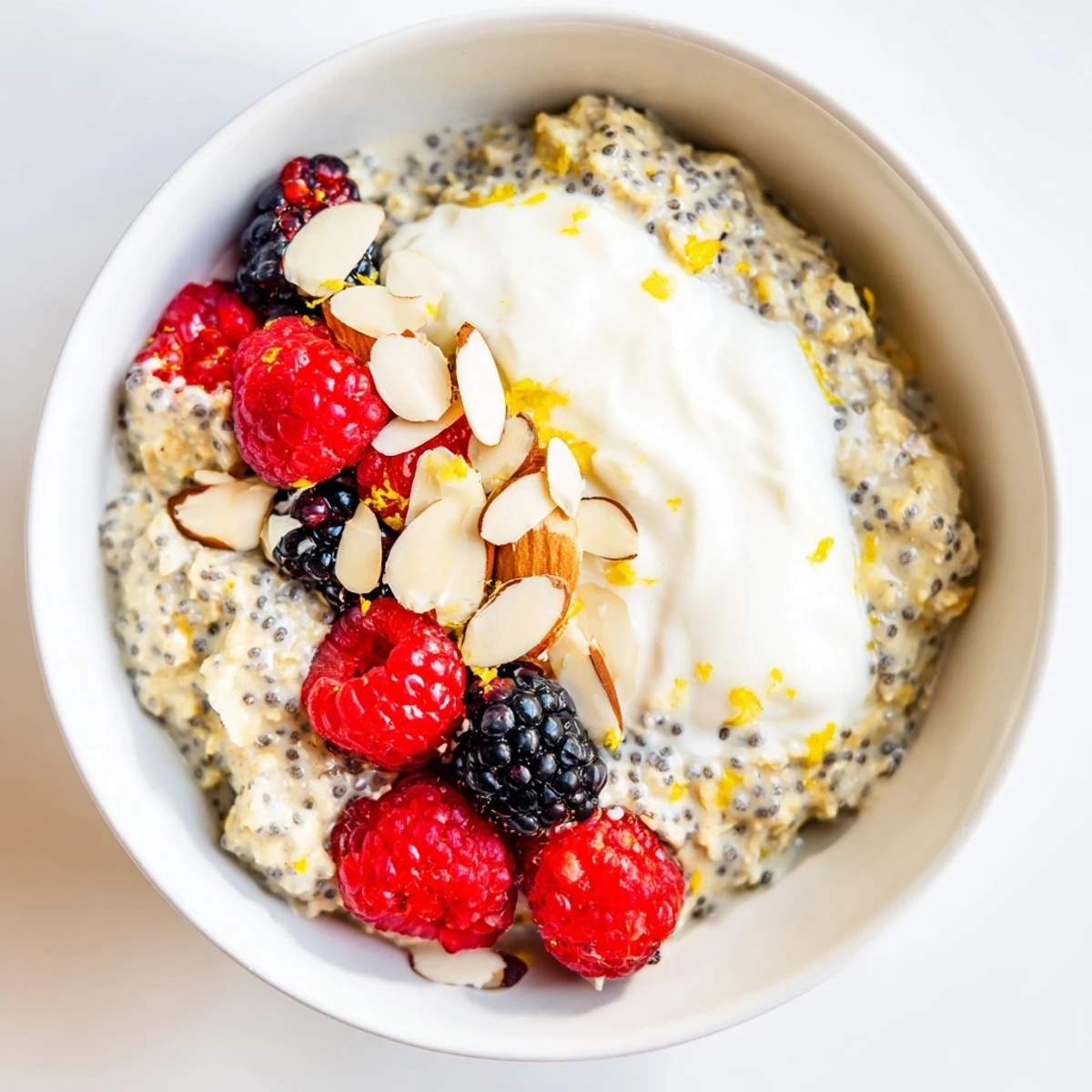 Stirred Vegan Lemon Poppy Seed Overnight Oats in a serving bowl, with coconut yogurt and extra lemon zest, making a tangy, plant-based morning meal.