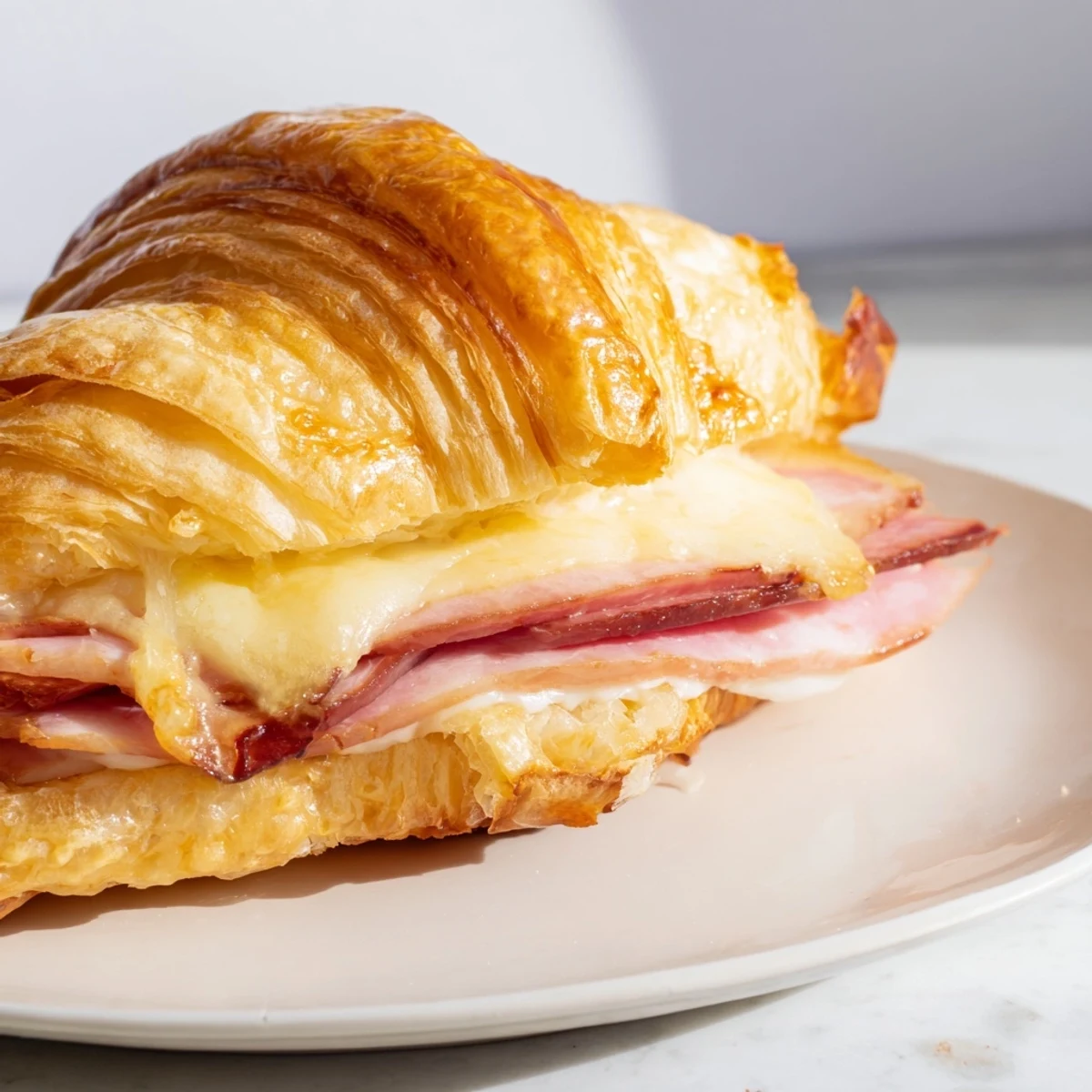 Buttery pastry layered with ham and beef beside melty cheese, served on a white plate for brunch.