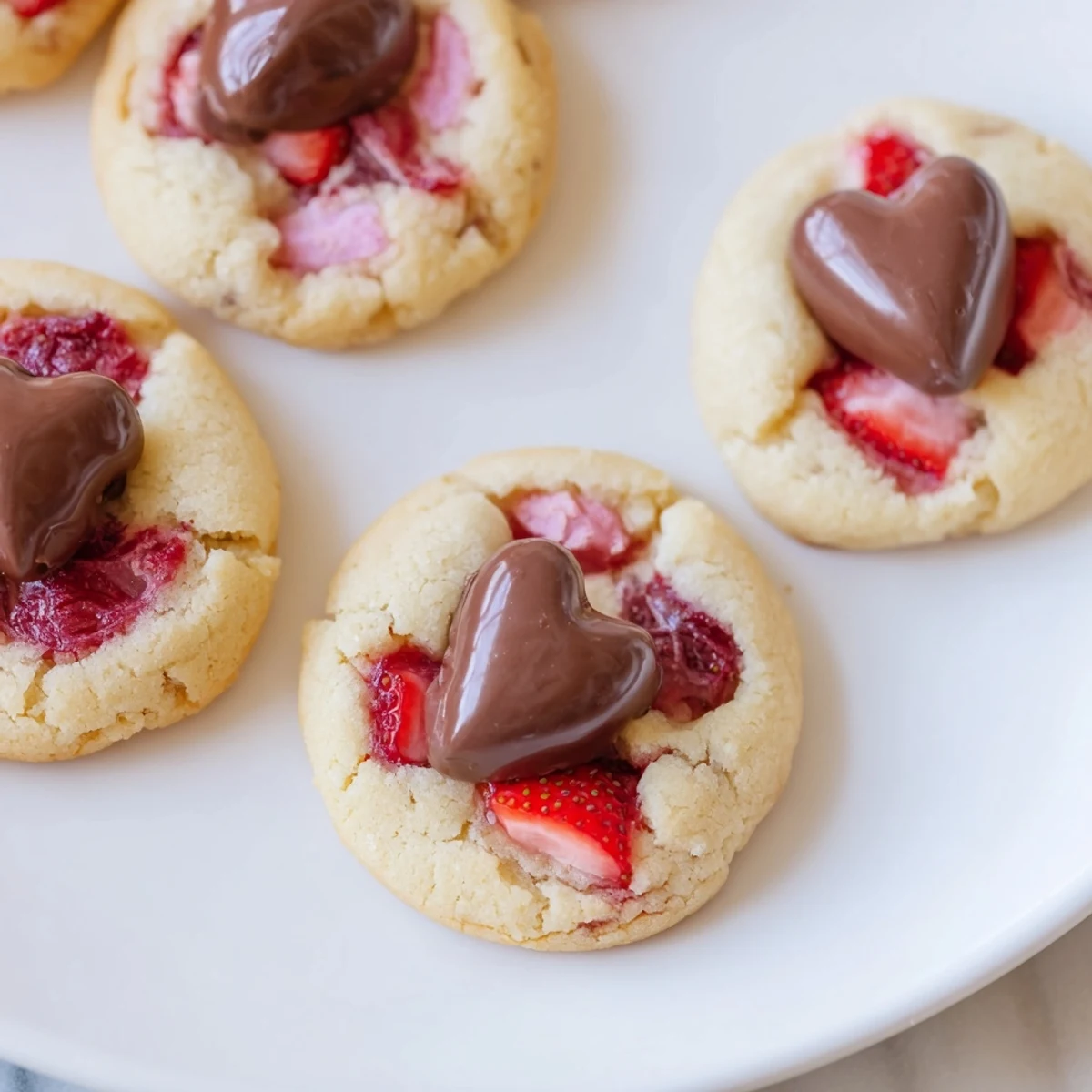 Freshly baked Strawberry Kiss Cookies with melted chocolate on top.