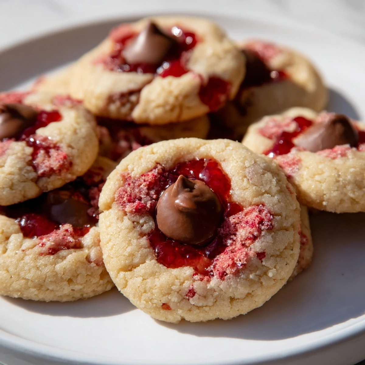 Warm Strawberry Kiss Cookies on a rustic plate with strawberry garnish.